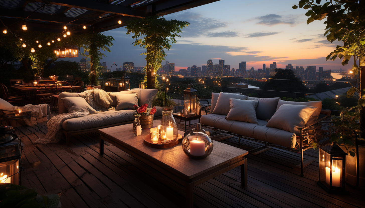 Luxurious rooftop garden at dusk, overlooking a sprawling cityscape, with string lights, elegant lounge furniture, and a variety of lush plants.