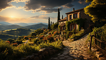 Lush vineyard in Tuscany at golden hour, rolling hills, rows of grapevines, a rustic stone farmhouse, and a distant mountain range.