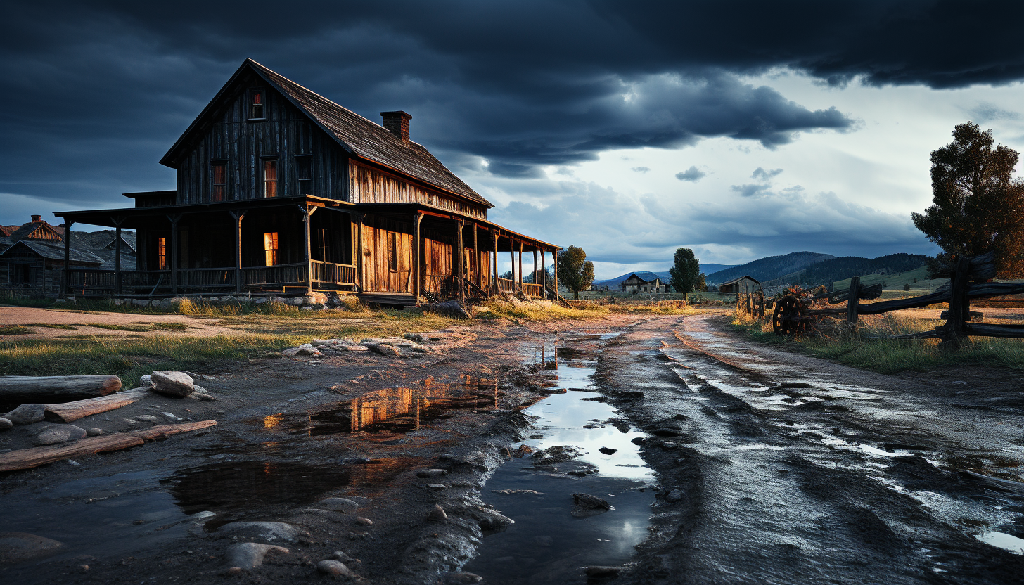 Old Western ghost town at dusk, abandoned wooden buildings, a dusty main street, and a distant thunderstorm.