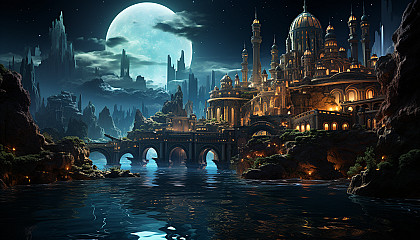 Underwater Atlantis-like city with ancient ruins, bioluminescent sea life, mermaids, and a bubble-like protective shield.