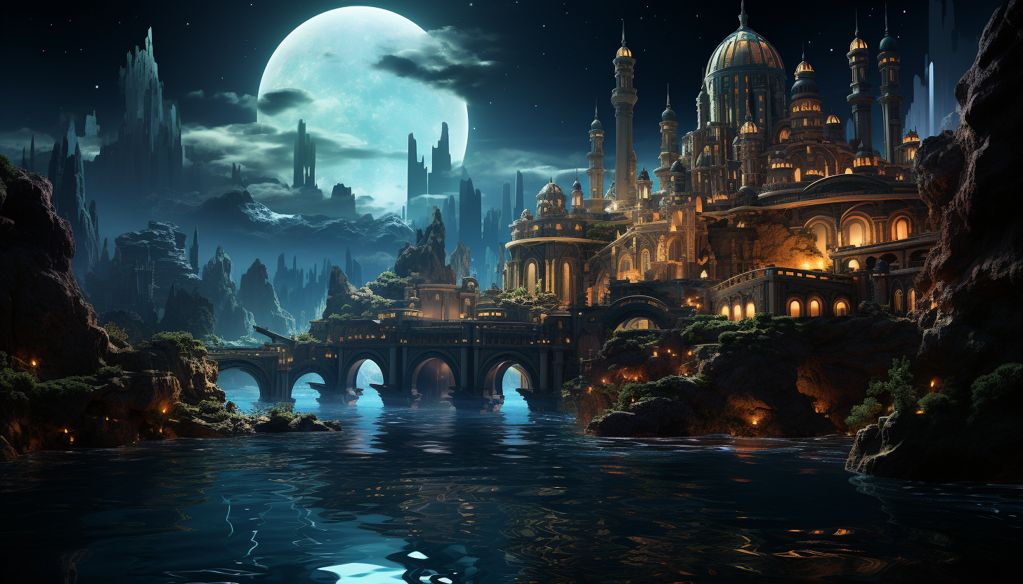 Underwater Atlantis-like city with ancient ruins, bioluminescent sea life, mermaids, and a bubble-like protective shield.