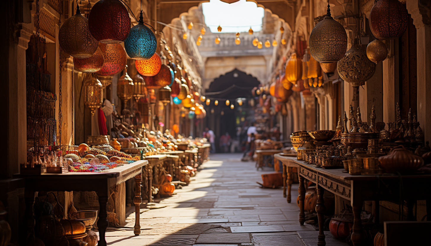 Vibrant Indian bazaar, filled with colorful fabrics, spices, jewelry, bustling crowds, and ornate architecture.