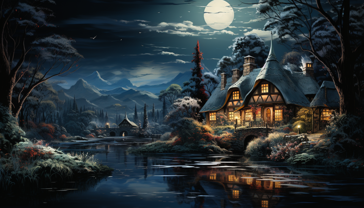 Idyllic cottage in a snowy woodland, with a thatched roof, smoke rising from the chimney, wild deer nearby, and a clear night sky.