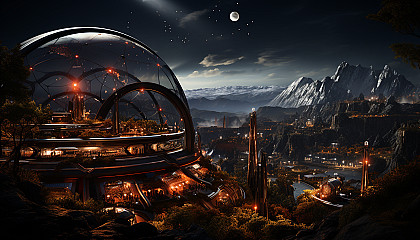 A futuristic Martian colony under a dome, with red rocky landscapes, advanced habitats, astronauts exploring, and Earth visible in the sky.