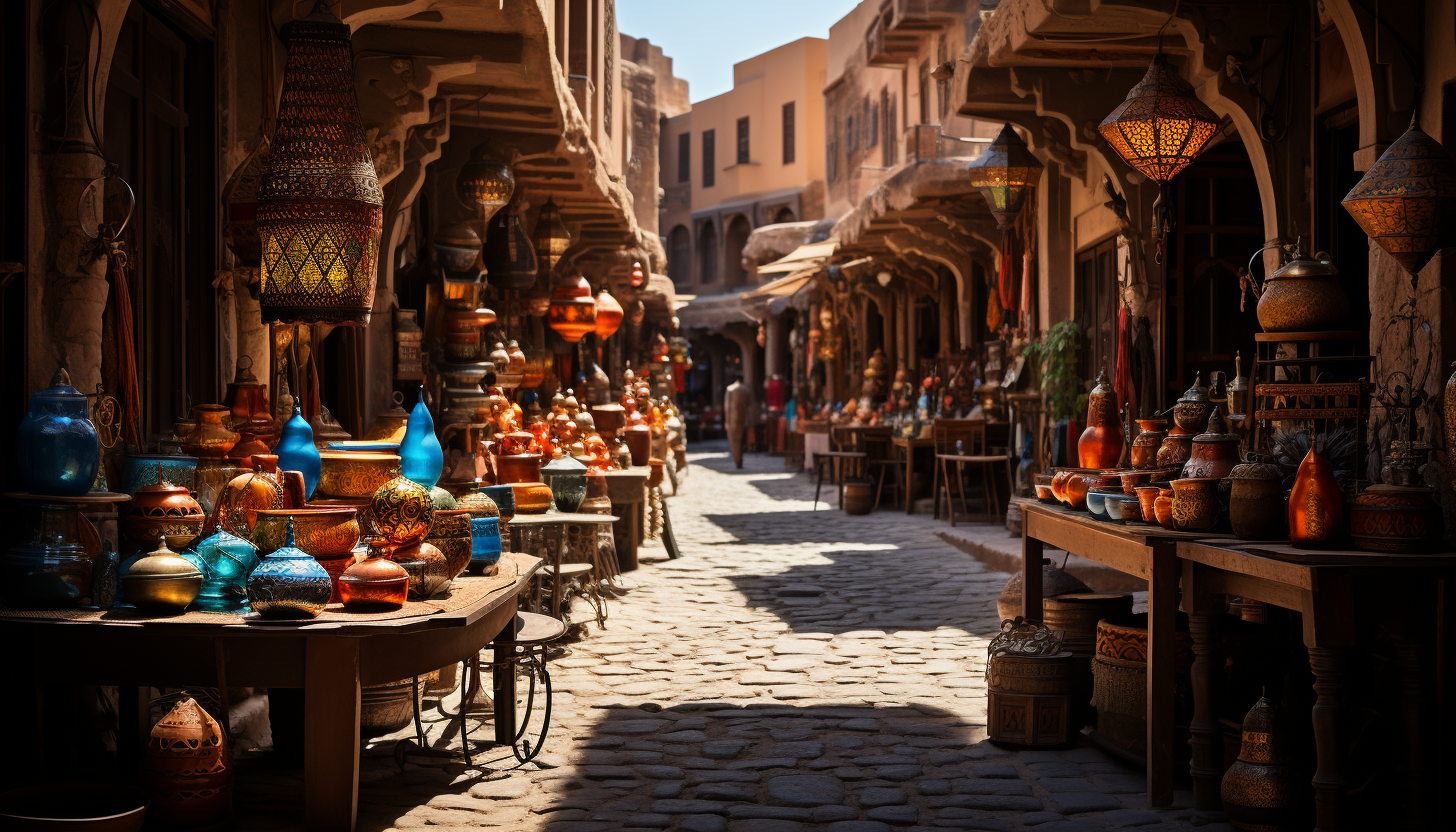 Traditional Moroccan market, colorful textiles, intricate lanterns, bustling crowds, and the aroma of spices and street food.