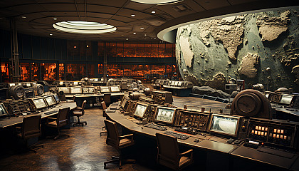 Apollo-era NASA mission control room, with vintage computers, large control panels, engineers at work, and a giant screen showing the moon.