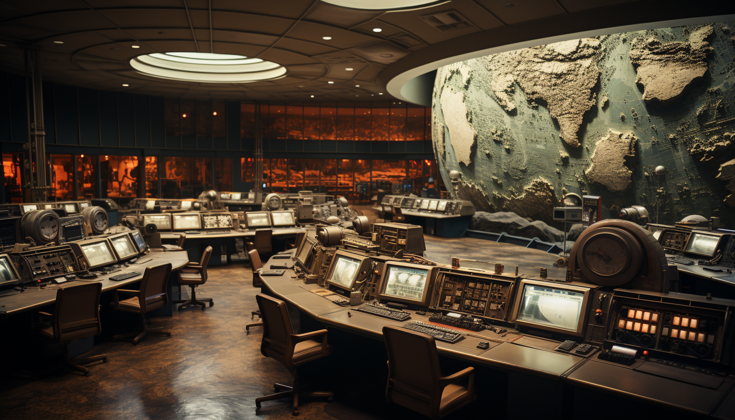 Apollo-era NASA mission control room, with vintage computers, large control panels, engineers at work, and a giant screen showing the moon.