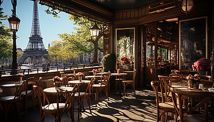 Classic Parisian café on a sunny morning, with outdoor seating, fresh pastries on display, and the Eiffel Tower visible in the distance.