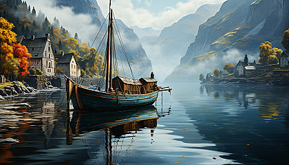 A tranquil Scandinavian fjord in early morning, small fishing boats, colorful wooden houses, and towering cliffs reflected in the still water.
