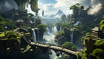 Mystical floating islands in the sky, connected by rope bridges, with waterfalls cascading into the clouds and a diverse ecosystem of flora and fauna.