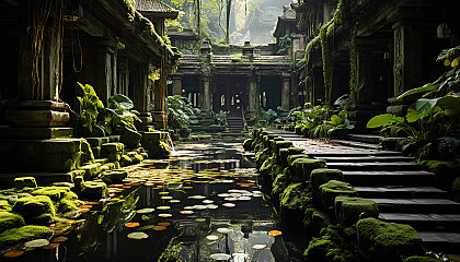 A tranquil Balinese temple surrounded by lush tropical forests, waterfalls, and stone statues, with monks in prayer.