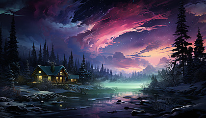 Frozen tundra under the northern lights, with a pack of wolves, a clear starry sky, and a small, warm cabin in the distance.