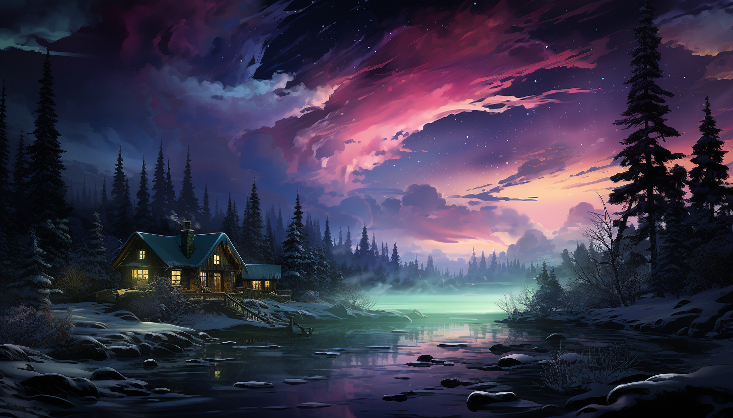 Frozen tundra under the northern lights, with a pack of wolves, a clear starry sky, and a small, warm cabin in the distance.