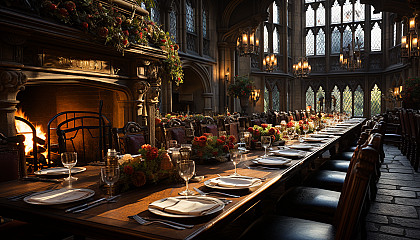 Grand medieval banquet hall, with a long feasting table, tapestries on the walls, knights and nobles in period attire, and a roaring fireplace.