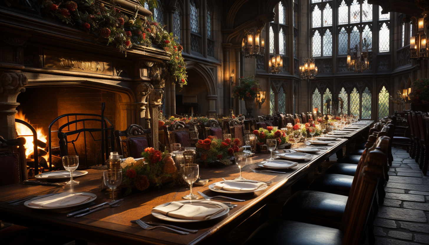 Grand medieval banquet hall, with a long feasting table, tapestries on the walls, knights and nobles in period attire, and a roaring fireplace.