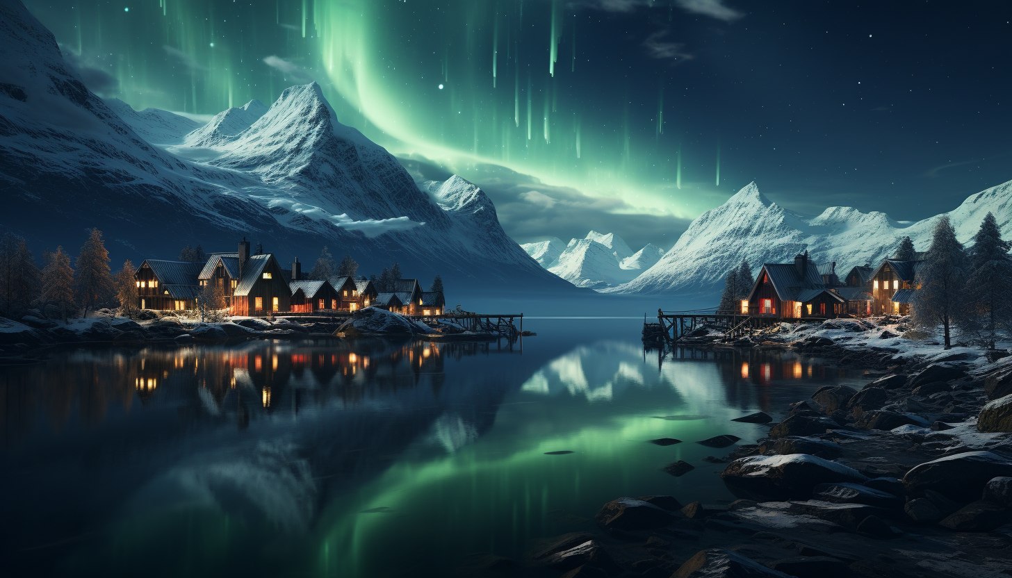 Northern Lights over a traditional Scandinavian village, with snow-covered cottages, a frozen lake, and reindeer grazing.