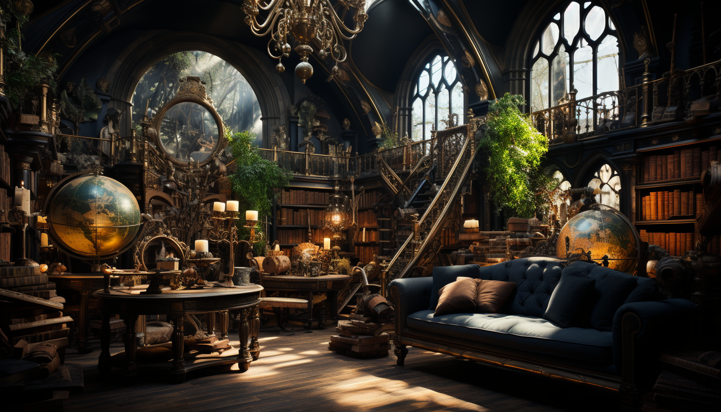 Ancient library filled with towering bookshelves, secret passages, antique globes, and a large, ornate window casting sunlight on the dusty tomes.