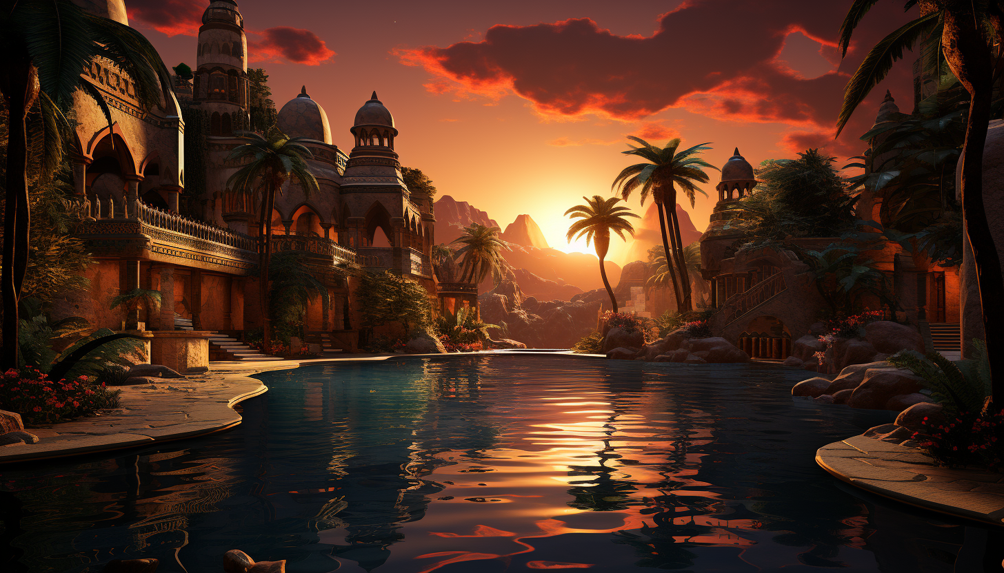 Desert oasis at sunset, with palm trees, a tranquil pool of water, camels resting nearby, and the warm glow of a setting sun over sand dunes.