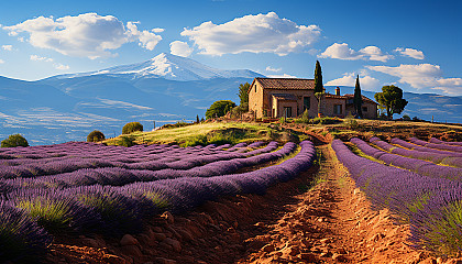 Lavender fields in Provence, with rows of purple flowers, a quaint farmhouse, and distant mountains under a clear blue sky.