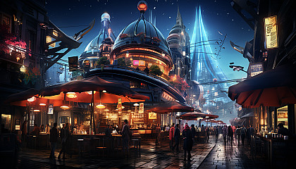 Cyberpunk street scene at night, neon-lit skyscrapers, augmented humans, bustling food stalls, and holographic advertisements floating in the air.