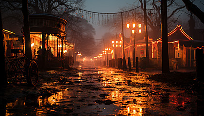 Abandoned amusement park at dusk, with overgrown ferris wheel, carousel horses, and a hauntingly beautiful atmosphere.