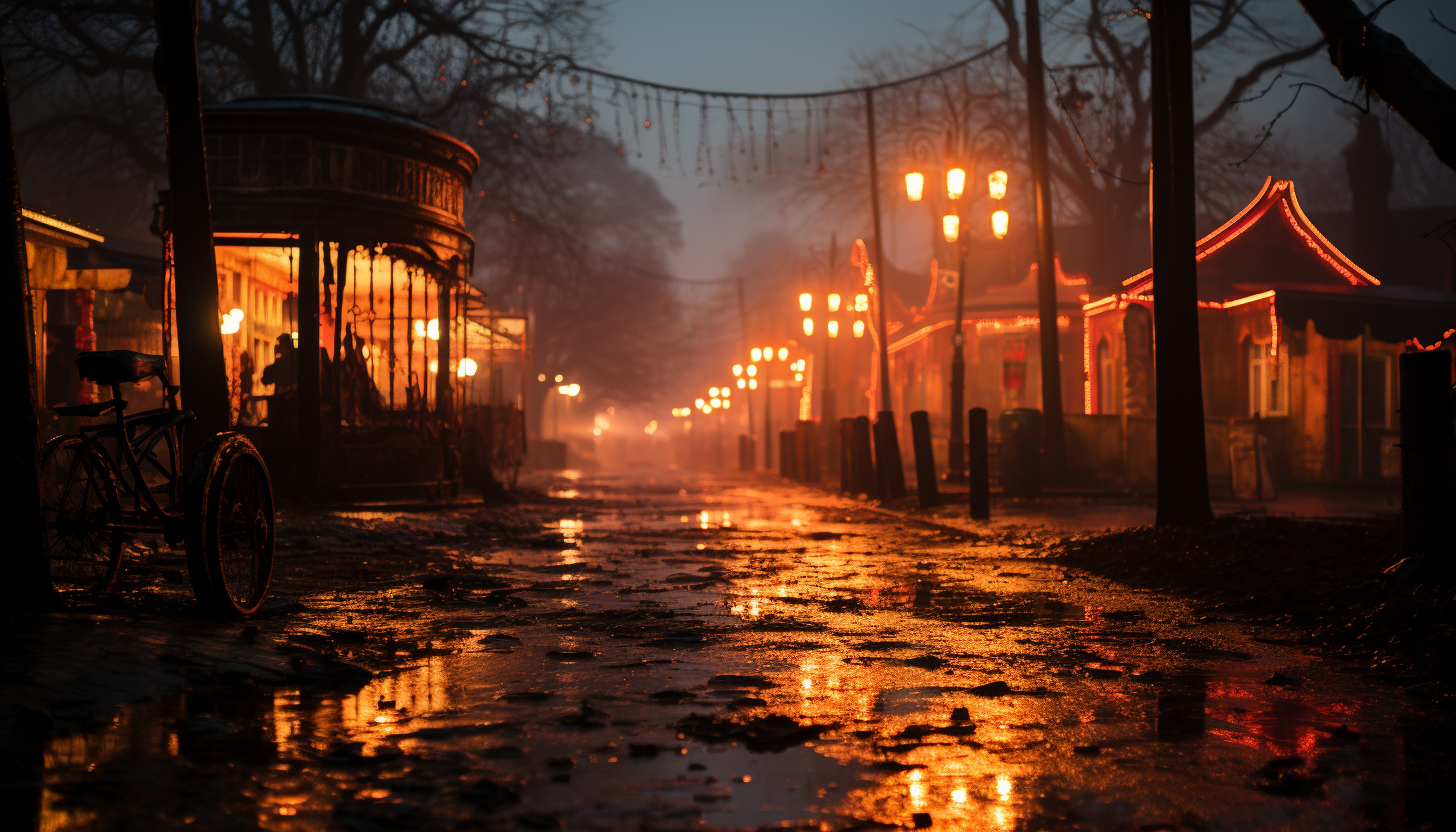 Abandoned amusement park at dusk, with overgrown ferris wheel, carousel horses, and a hauntingly beautiful atmosphere.