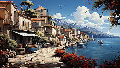 Mediterranean coastal village, with white-washed houses, bright blue doors, flower-filled balconies, and fishing boats bobbing in the harbor.