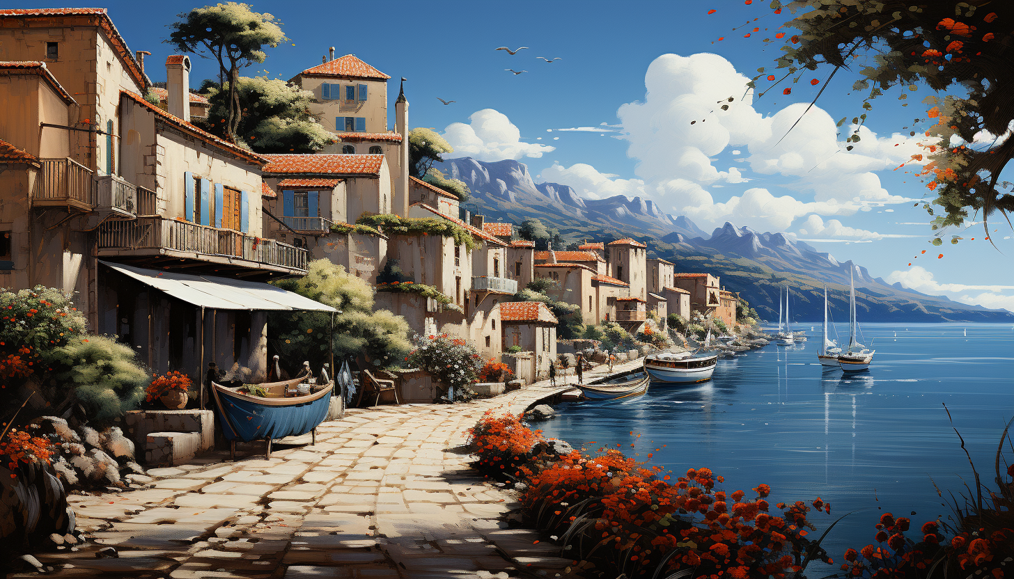 Mediterranean coastal village, with white-washed houses, bright blue doors, flower-filled balconies, and fishing boats bobbing in the harbor.