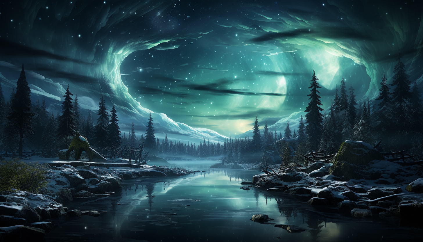 The Aurora Borealis casting an ethereal glow across a star-studded sky.
