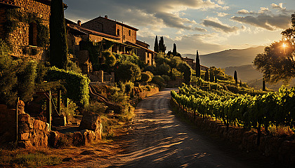 Lush vineyard in Tuscany during golden hour, rolling hills, grapevines, a rustic farmhouse, and a distant view of an old castle.