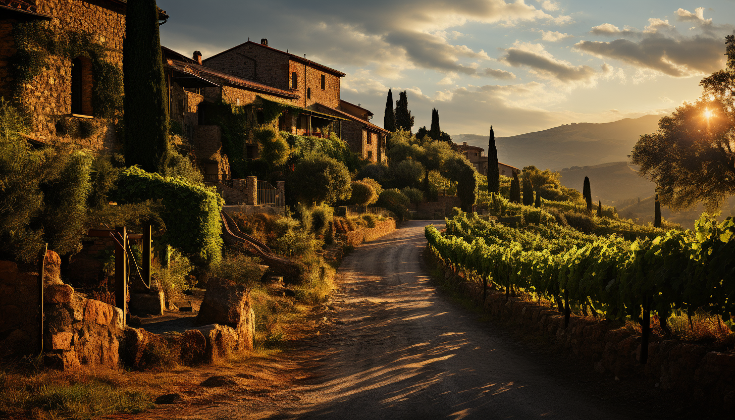 Lush vineyard in Tuscany during golden hour, rolling hills, grapevines, a rustic farmhouse, and a distant view of an old castle.