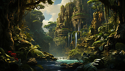 Lush Amazon rainforest with a hidden waterfall, exotic birds, a jaguar peeking through the foliage, and ancient ruins in the background.