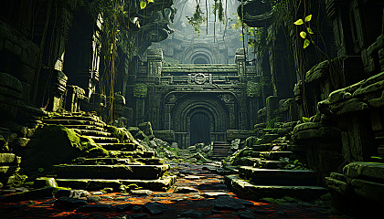 Abandoned ancient temple in the jungle, overgrown with vines, mysterious statues, and a hidden treasure chest.