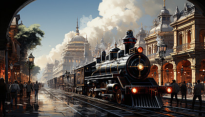 Grand train station from the early 20th century, with steam locomotives, elegant passengers, and an ornate clock tower.