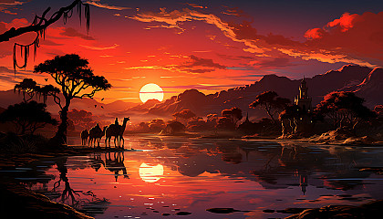 Desert oasis at sunset, with palm trees, a tranquil pond, camels resting, and ancient ruins silhouetted against the fiery sky.