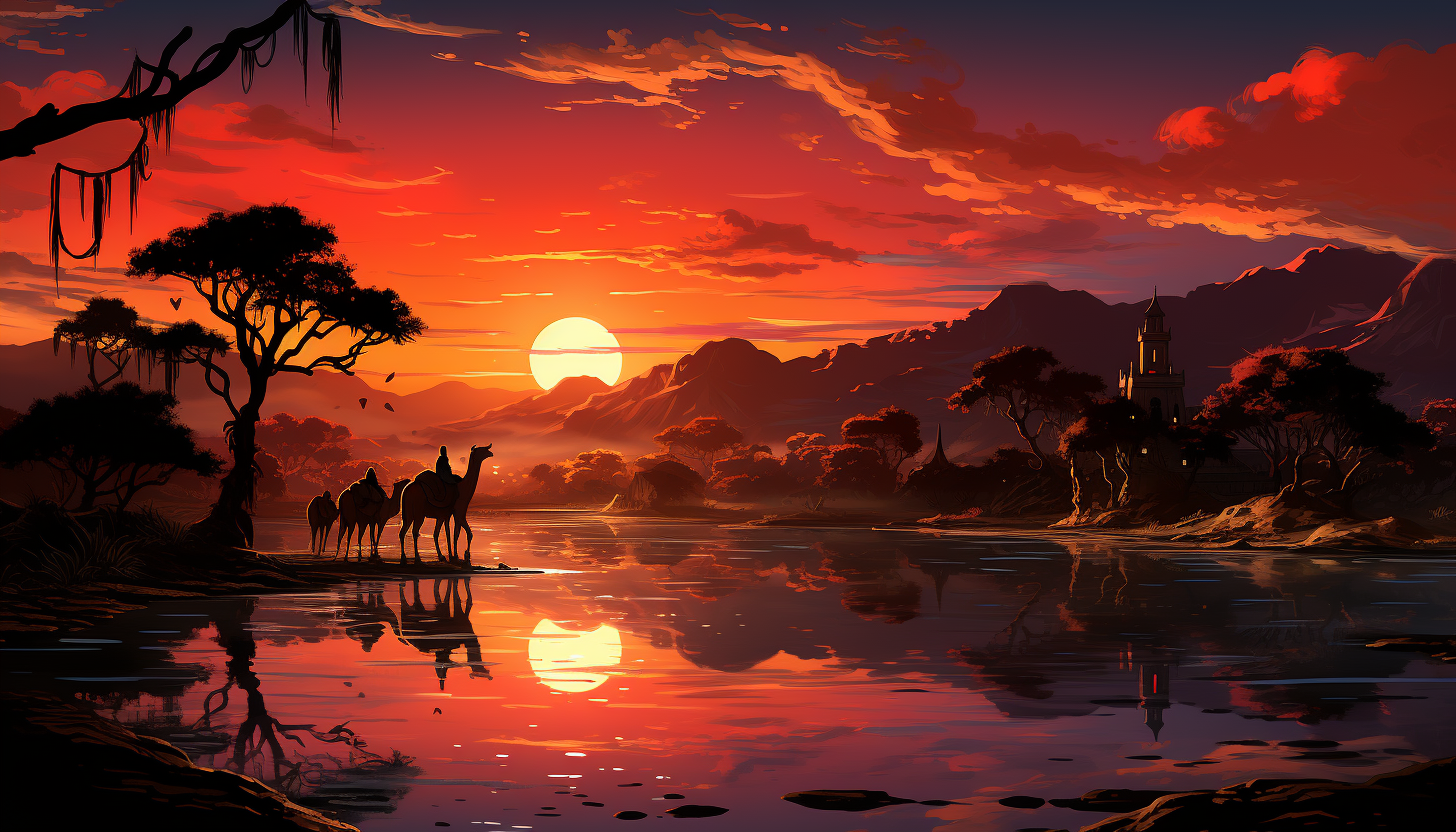 Desert oasis at sunset, with palm trees, a tranquil pond, camels resting, and ancient ruins silhouetted against the fiery sky.