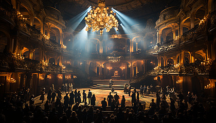 Opulent Renaissance ballroom, with elegantly dressed dancers, grand chandeliers, ornate decorations, and a live orchestra.