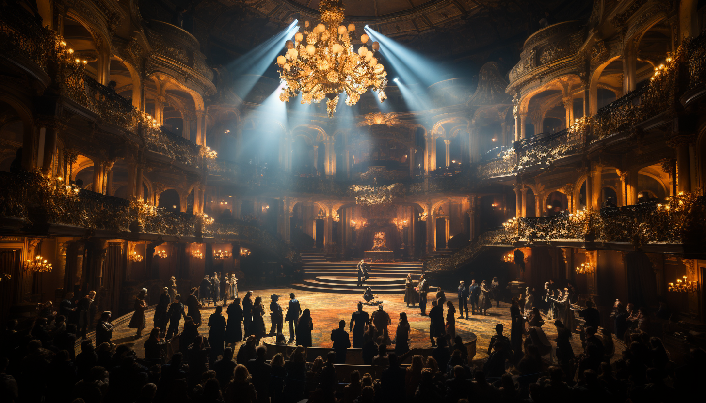 Opulent Renaissance ballroom, with elegantly dressed dancers, grand chandeliers, ornate decorations, and a live orchestra.