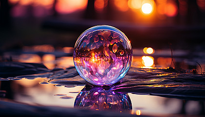 The iridescent surface of a bubble reflecting the light around it.