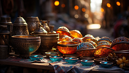 Traditional Moroccan bazaar, vibrant with spices, textiles, handmade jewelry, bustling crowds, and ornate lanterns.