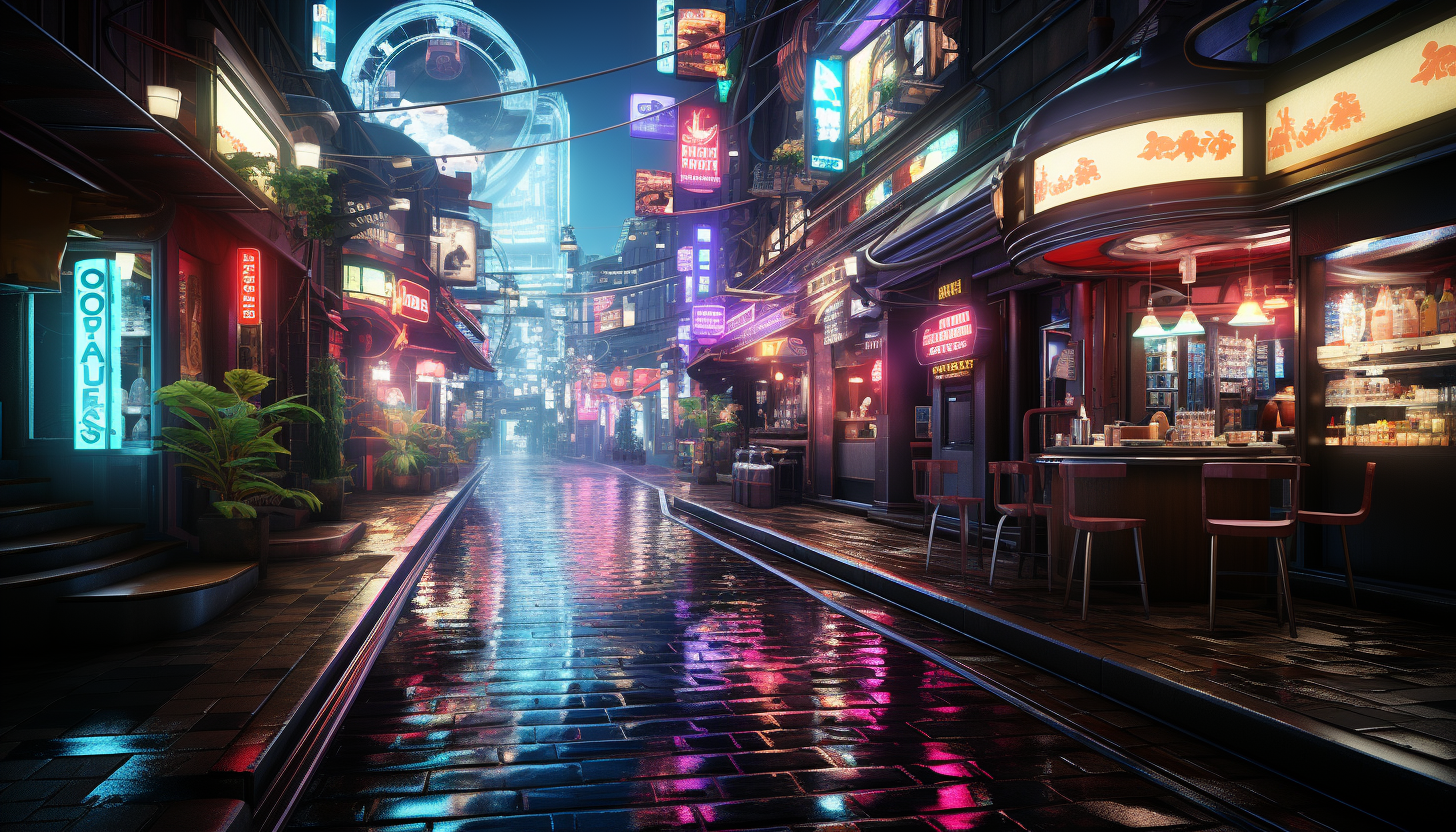 A futuristic cyberpunk alleyway, neon signs in multiple languages, holograms, and diverse inhabitants in trendy tech wear.