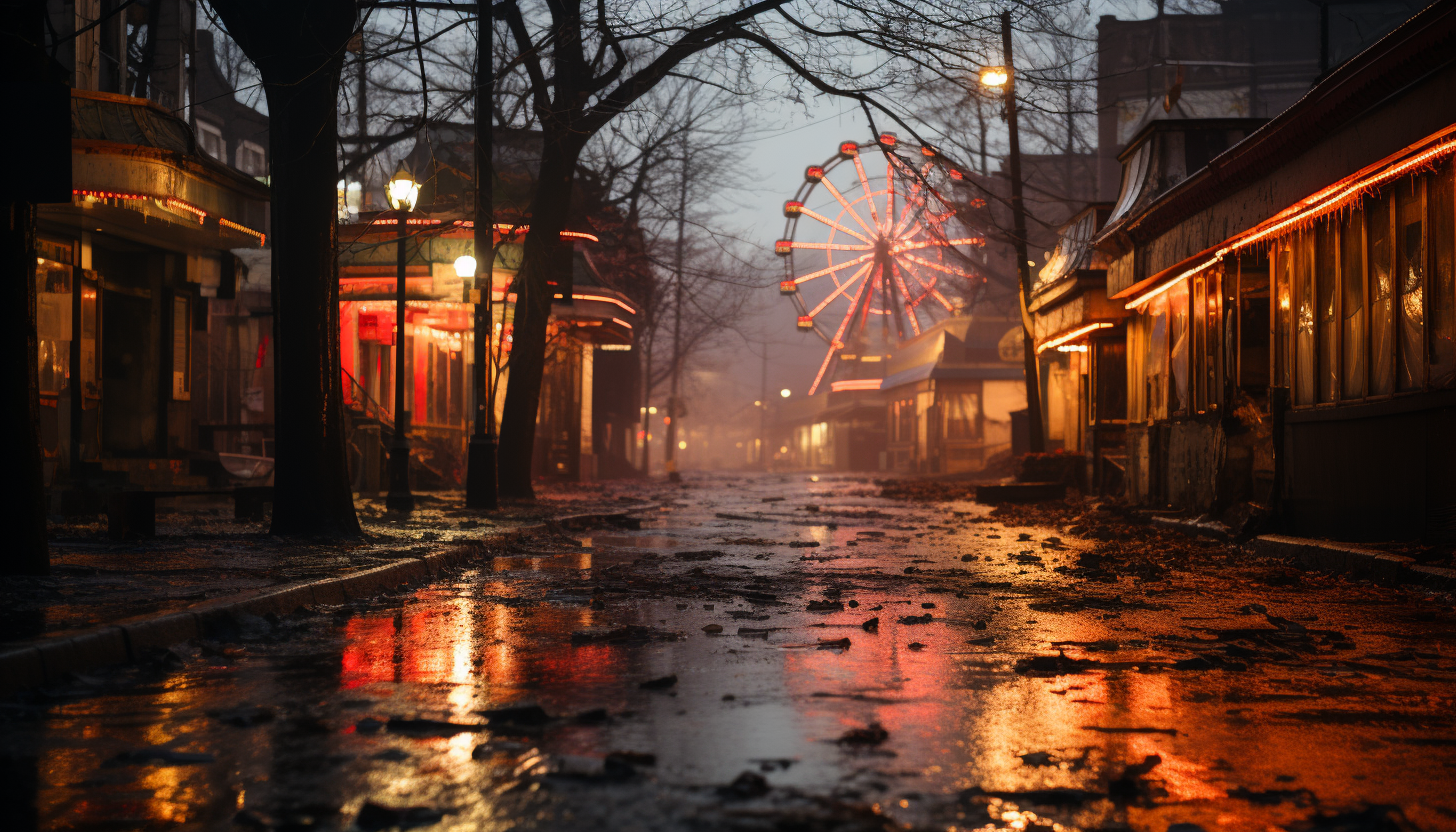 Abandoned amusement park at dusk, with a vintage ferris wheel, carousel horses, overgrown paths, and a haunting, whimsical atmosphere.