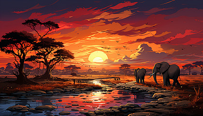 Sunset over an African savanna, with silhouettes of elephants and acacia trees, a warm orange sky, and distant mountains.