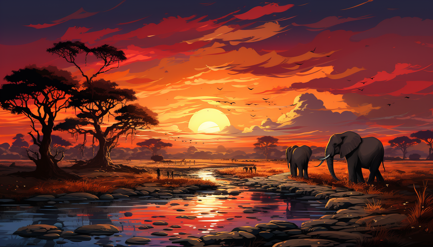 Sunset over an African savanna, with silhouettes of elephants and acacia trees, a warm orange sky, and distant mountains.