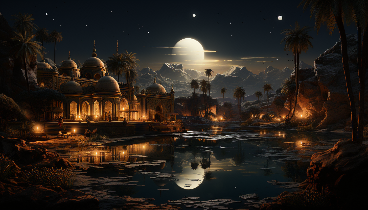 Desert oasis at night, with a tranquil pool, palm trees, star-filled sky, and a caravan of camels resting nearby.