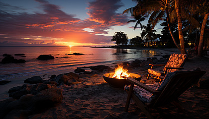 Lush tropical beach at sunset, with hammocks, palm trees, a fire pit, and a distant view of sailboats on the horizon.