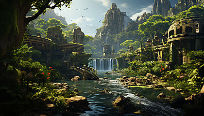 Lush Amazon rainforest with a hidden waterfall, exotic birds, a jaguar peeking through the foliage, and ancient ruins in the background.