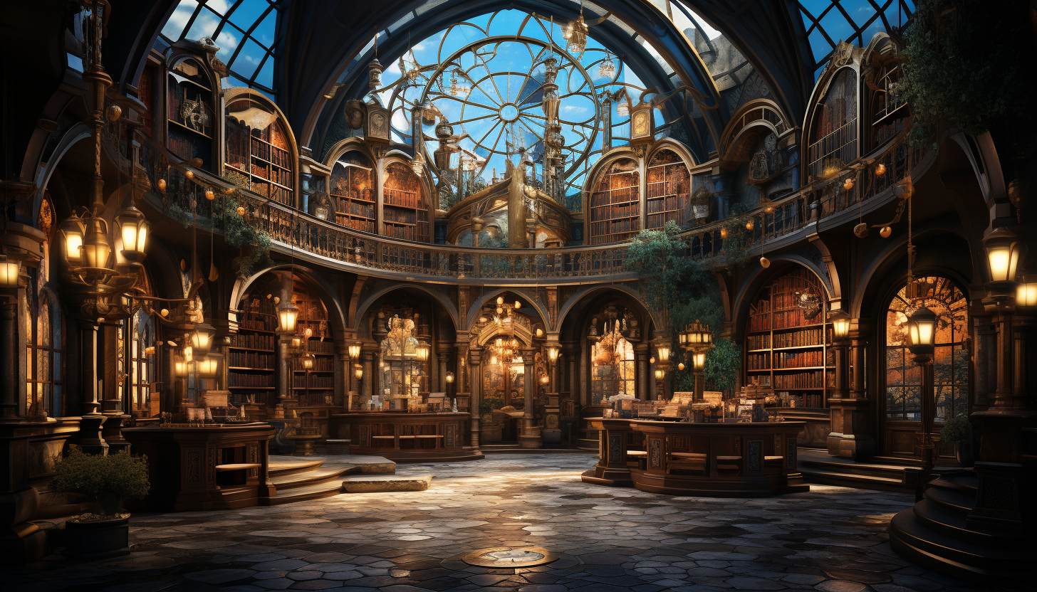 Ancient library with towering bookshelves, hidden alcoves, a grand central atrium, and soft light filtering through stained glass windows.