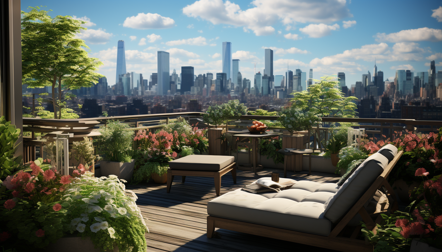 Modern rooftop garden in a bustling city, with sleek furniture, an array of green plants and flowers, and skyscrapers in the background.