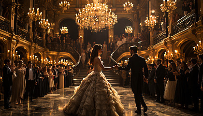 Grand ballroom from the Victorian era, with elegant dancers, opulent chandeliers, and a grand staircase.